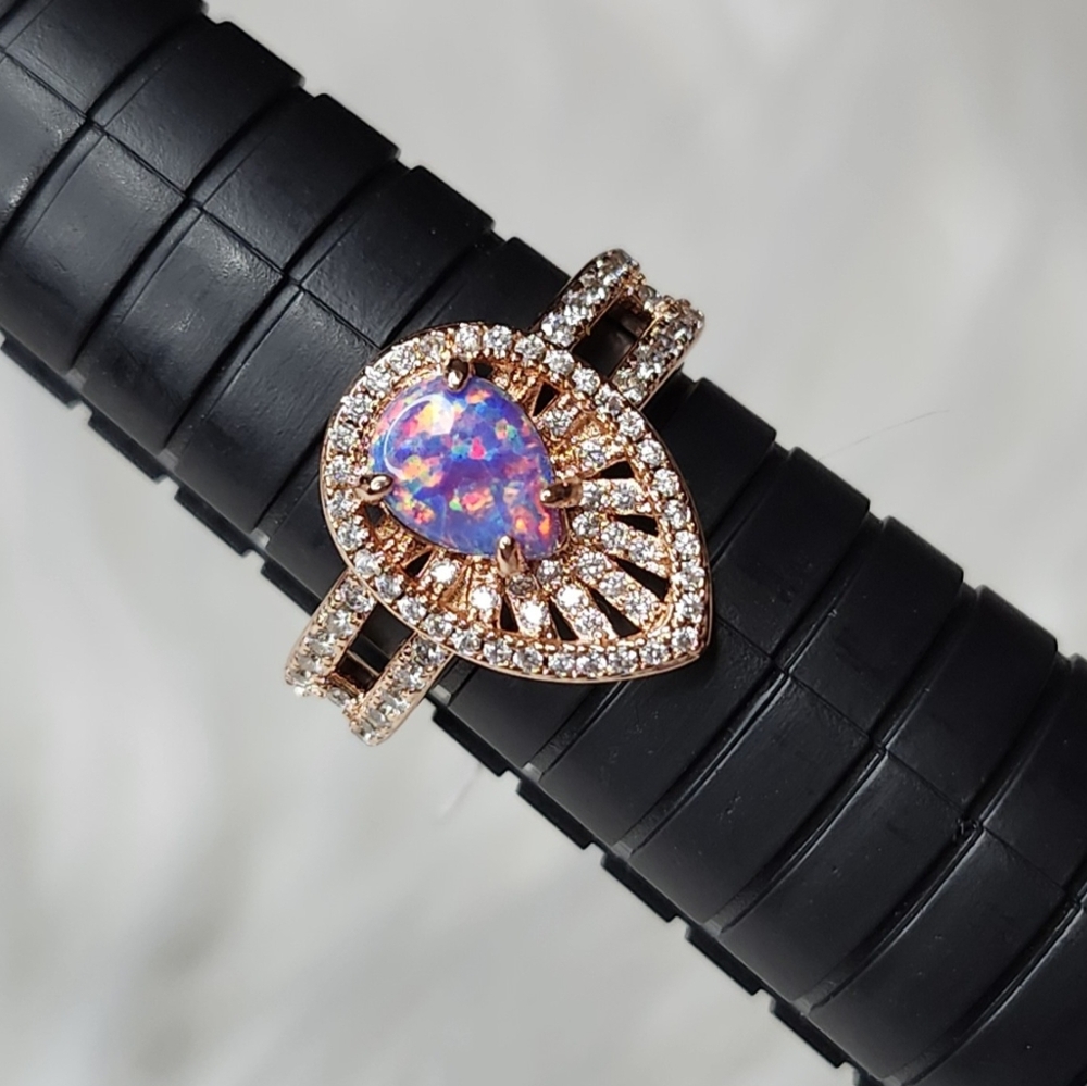 Opal Ring Lilac Purple and Cubic Zirconia on Rose Gold Plated band Size 8 - Picture 3 of 5
